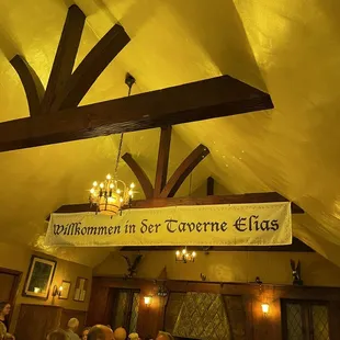 a banner hanging from the ceiling