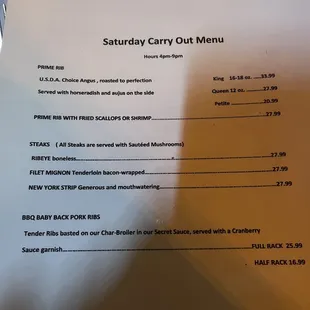 Saturday menu