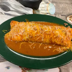 Smothered beef burrito plate, no sides, red chili