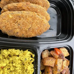 Fish, scrambled tofu, potatoes. Fish was good. Tofu and potatoes not good. Are they making money with giving this much protein?