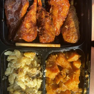 Chicken wings, Mac &amp; cheese, yams