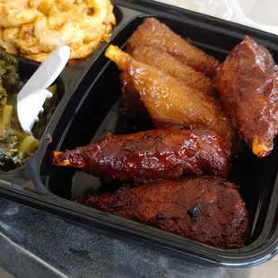 Drummies, cashew mac and cheese, collards