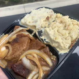 Salisbury steak &amp; rice, Mac n cheese, &amp; mashed potatoes
