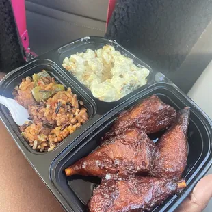 Rice, Mac and cheese, BBQ Drummies