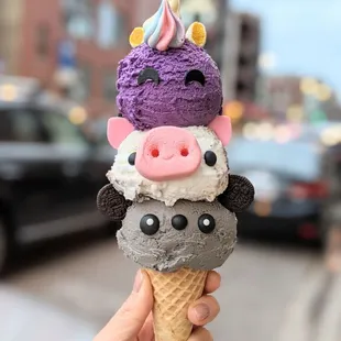 Ube unicorn, cookie monster pig, black sesame panda