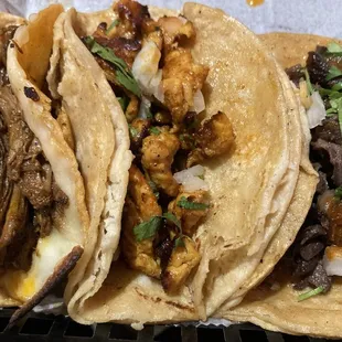 Left to right: Birria taco, chicken taco, carne asada taco. I think carne was my fav but all were full of flavor
