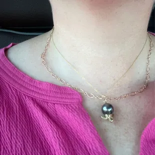 Permanent Jewelry, Tahitian Pearl Necklace with a Turtle hatching from egg.