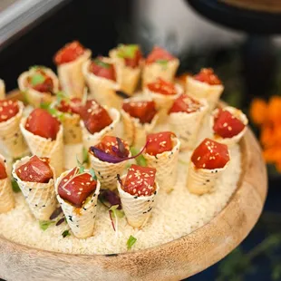 Ahi Tuna Poke Cones, People went crazy over these! There's some guacamole in the bottom of the cones. Delicious!