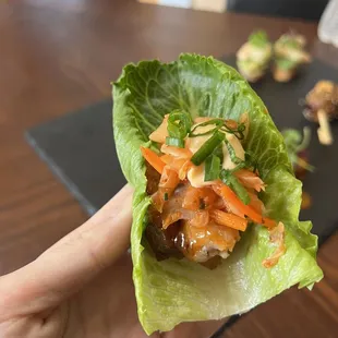 Braised Pork Belly Lettuce Cups kimchi, with a basil chili sauce
