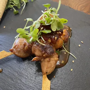 bulgogi chicken skewers with lemon chili kimchi sauce