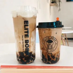 Large Peach oolong tea latte with boba and cheese foam top, 30% sugar || Regular signature milk tea with boba, 50% sugar