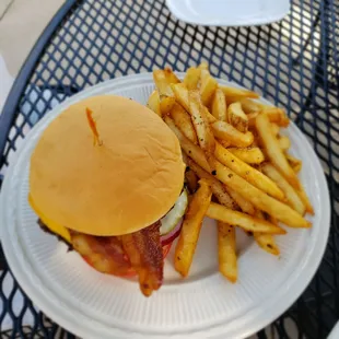 Bacon cheeseburger and fries