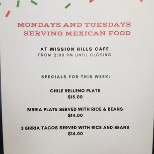 Specials on Mondays and Tuesdays