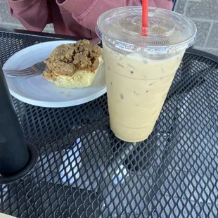 Oatmilk iced latte and crumb cake