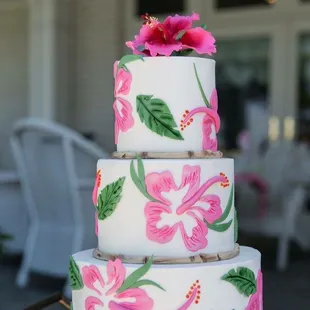 Elite Custom Cake, 3 tier hibiscus themed wedding cake