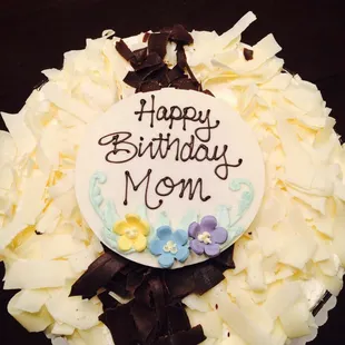 White Apline birthday cake.