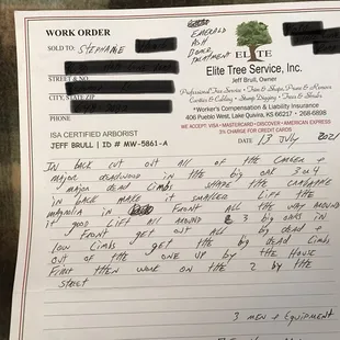 a work order for a tree service
