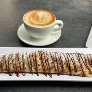 Cappuccino w oath milk, strawberry, banana &amp; Nutella crepe