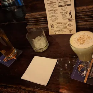 Hot cider, eggnog, and tom and jerry. (Winter specials)