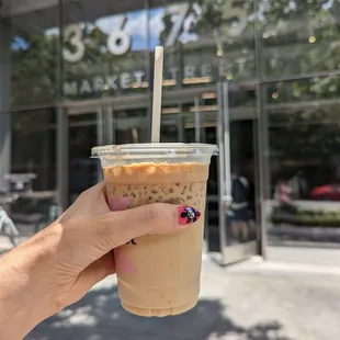 Iced latte. Go in the doors here and the elixr coffee bar is right there.