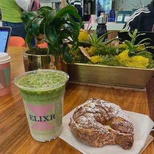 iced strawberry matcha latte, almond croissant