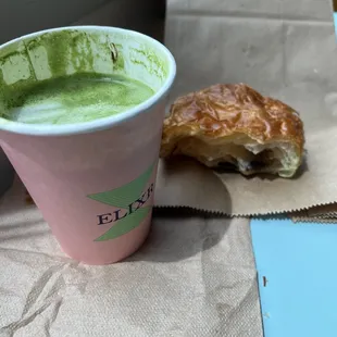 Matcha latte and chocolate crossaint