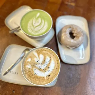 salted vanilla latte, strawberry oat milk w/ matcha, spiced donut