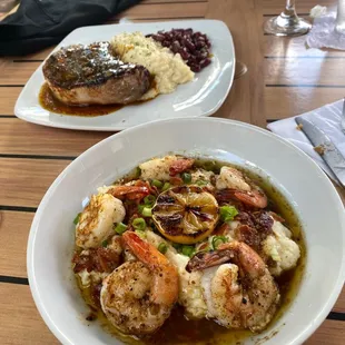 Shrimp and grits, root beer glaze pork chops w/grits and beans