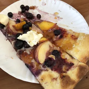 Dessert pizza TO DIE FOR!  Peaches, white peaches, blueberries, local honey...I cannot.