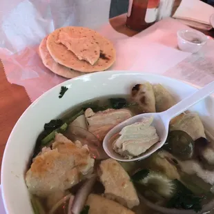 Mix vegetables and chicken soup w fresh hand made tortilla