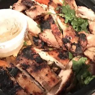 Grilled chicken, great flavor, slightly dry.  Rice &amp; veggies are great.