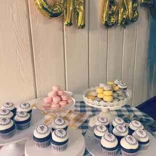 Baby Shower: Plum Velvet Cupcakes and Lemon, Vanilla, and Earl Grey Macaron