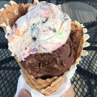 A "Single" in a waffle cone. Double dark chocolate with sea salt &amp; birthday cake.