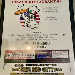the menu for elizabeth&apos;s pizza and restaurant 2
