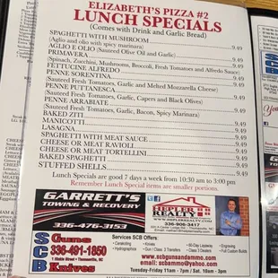 the menu for elizabeth&apos;s lunch specials