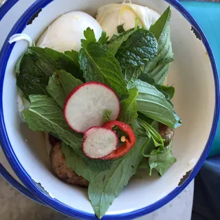 Sticky Rice With Ginger Sausage & Poached Eggs