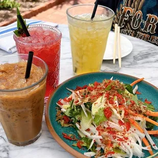 mango + cucumber salad (left), T to B - Iced Jasmine Blueberry Tea, Red Dragon, Iced Vietnamese Coffee