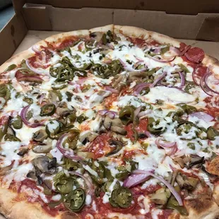 Pepperoni, onion, bell pepper, mushroom, jalapeño