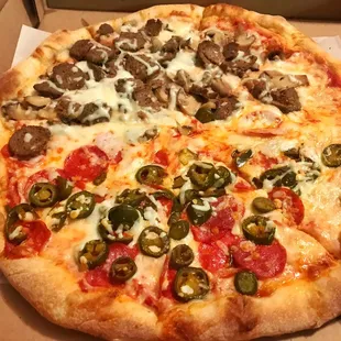 Large two topping - half meatballs and mushrooms and half pepperoni and jalapeños