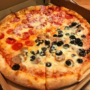 Large two topping - half pepperoni and ham and half sausage and black olives