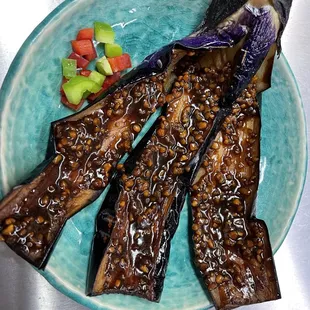 a plate of grilled eggplant