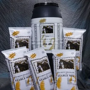 Our product, StableMix, comes in both a 250lb barrel and a 50lb bag.