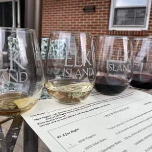 Our wine flight. Starting on the left: Viognier, Sauvignon Blanc, Cabernet Sauvignon, and Petit Verdot.