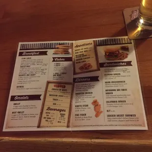 a menu and a glass of wine