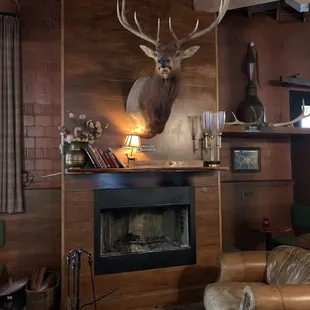 fireplace and leather chairs