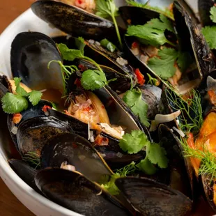 a bowl of steamed mussels