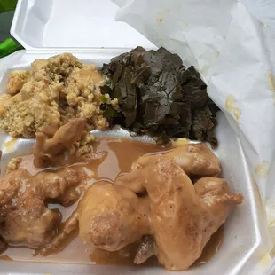 Smothered chicken with greens and dressing. OMG! SO GOOD! Literally everything was done right!