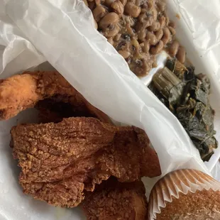 Turkey chops, black eye peas and greens.