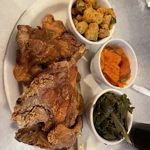 Pork Chops with collard greens, yams and okra