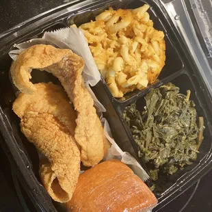 Golden Fried Fish Whiting with Mac &amp; Cheese and Collard Greens